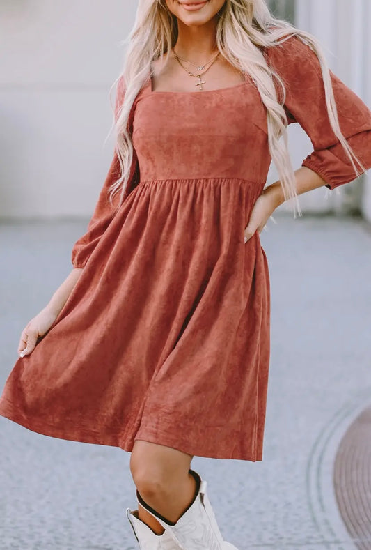 Suede, Square Neck Puff Sleeve Dress